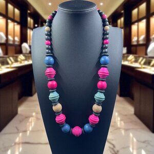 Vintage Colorful Wooden Beaded Statement Necklace Boho Artsy Festival Jewelry 25